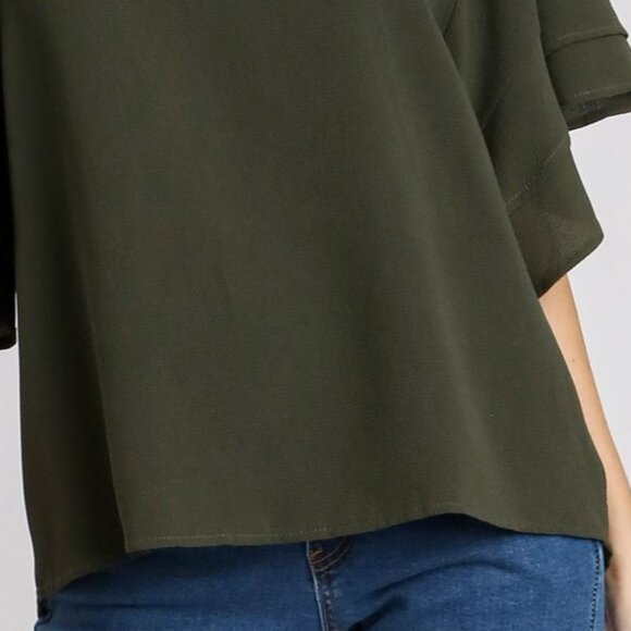 Layered Ruffle Sleeve Top / Blouse - Boxy Cut - Wide Round Neck - Olive Green - Picture 5 of 9